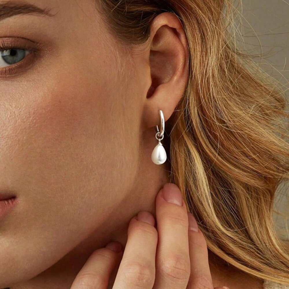 3/$35 Silver Tone Huggie Hoop Earrings with Teardrop Pearl Drop Dangle Charm